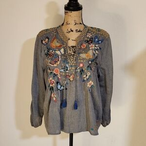 Johnny Was Embroidered Gray Mariposa Effortless Long Sleeve Peasant Top Sz L
